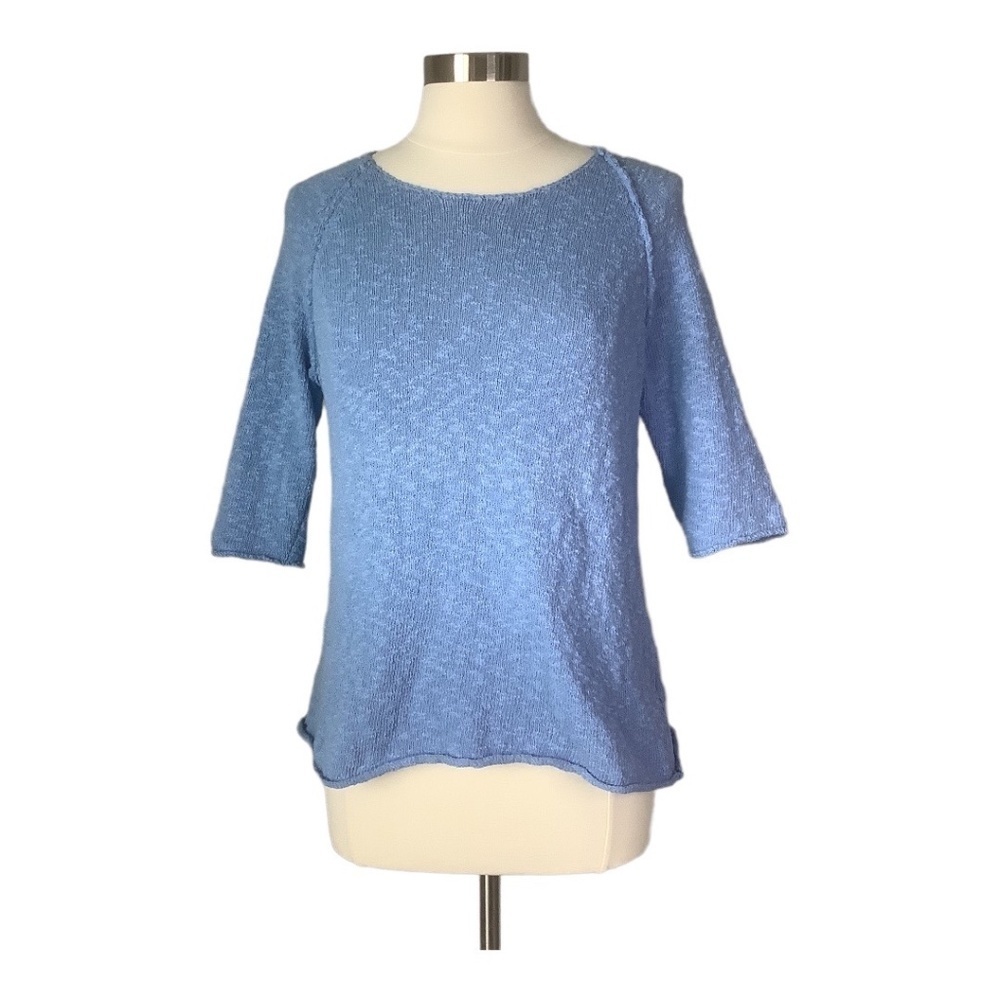 Lulu-B Terry Cloth Cotton‎ Raw Hem Sky Blue Short Sleeve Blouse L